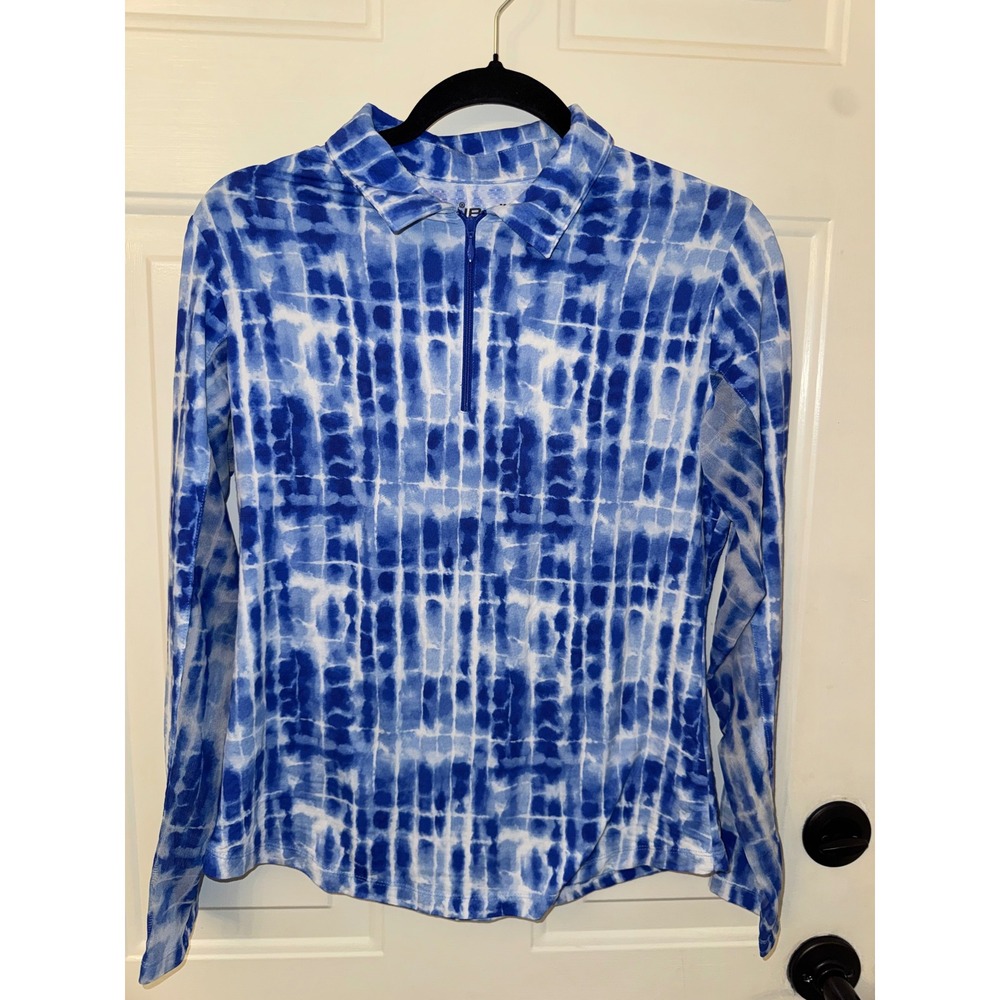IBKUL Womens Blue White Tie Dye Grid UPF 50+ Quarter Zip Sun Shirt Medium